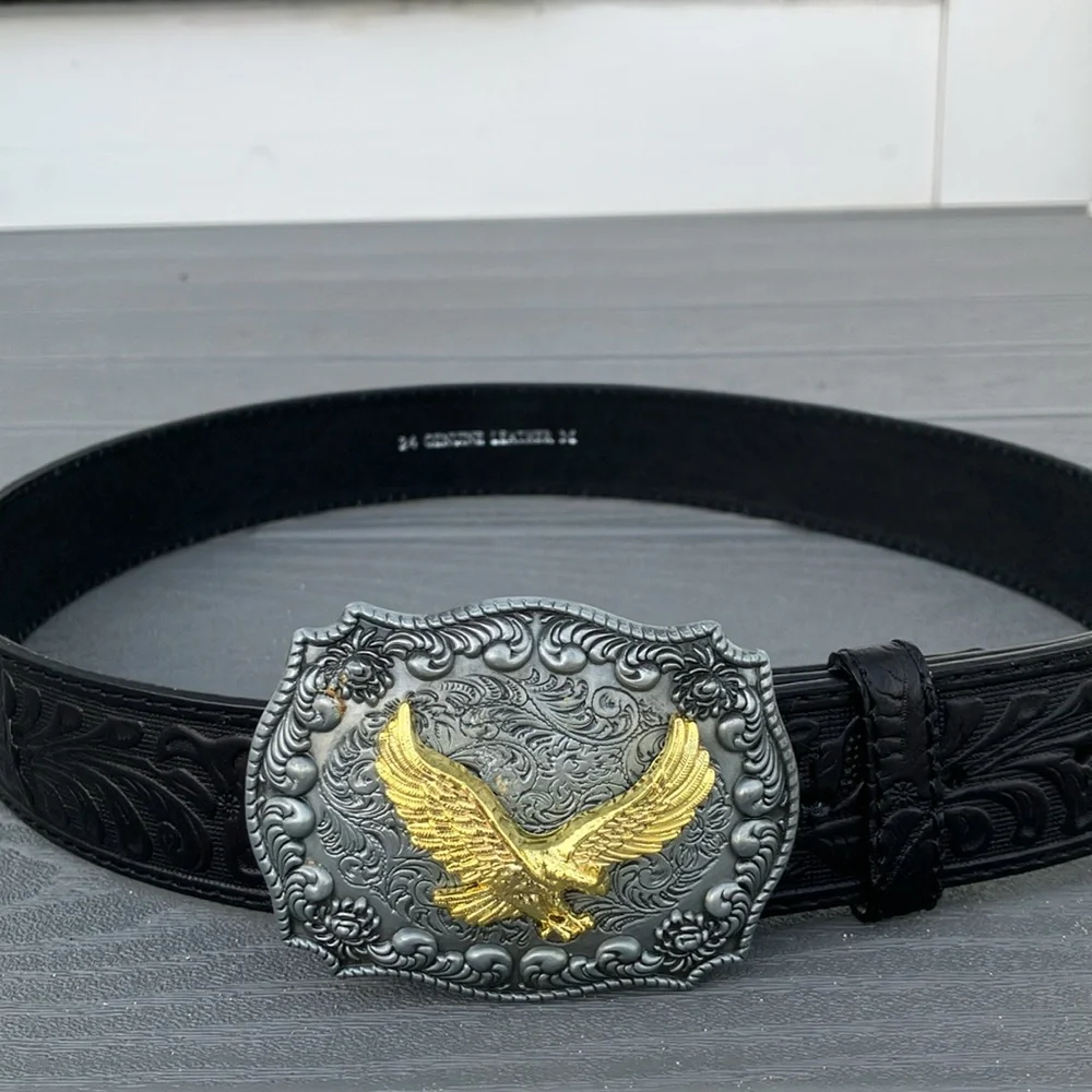 Women’s Western Black Leather Belt with Metal Flying Eagle Buckle Size M